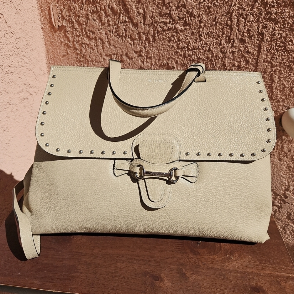 Mario Valentino Olimpia Pebbled Leather Handle-Shoulder Satchel Bag Sand Beige